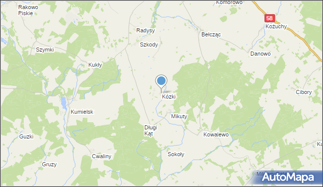 mapa Kózki, Kózki gmina Biała Piska na mapie Targeo